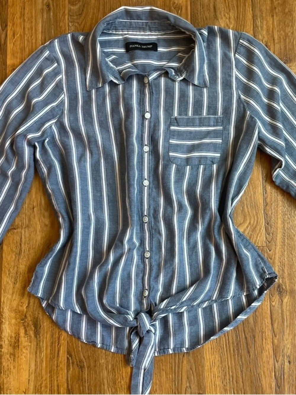 Ivanka Trump Blue and White Striped Tie-Hem Button-Down